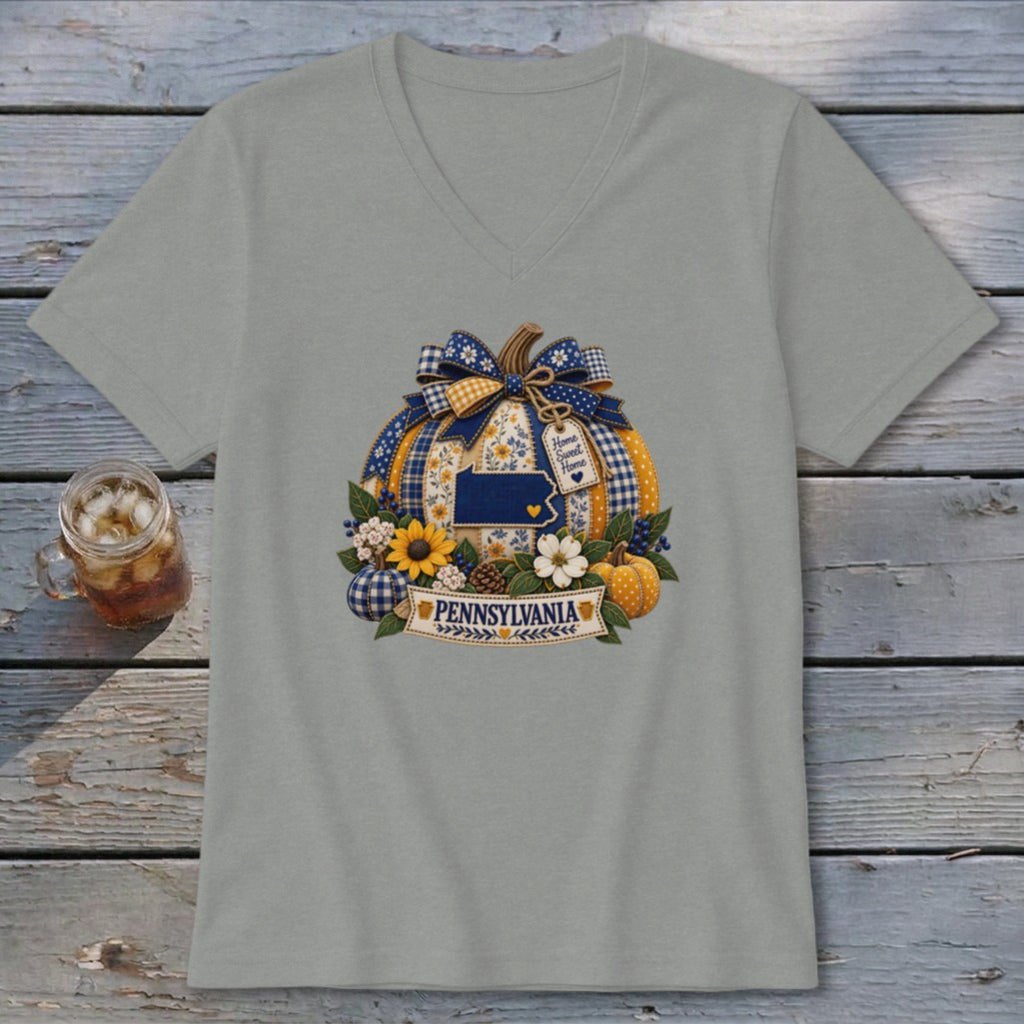 Pennsylvania Faux Patchwork Pumpkin V-neck