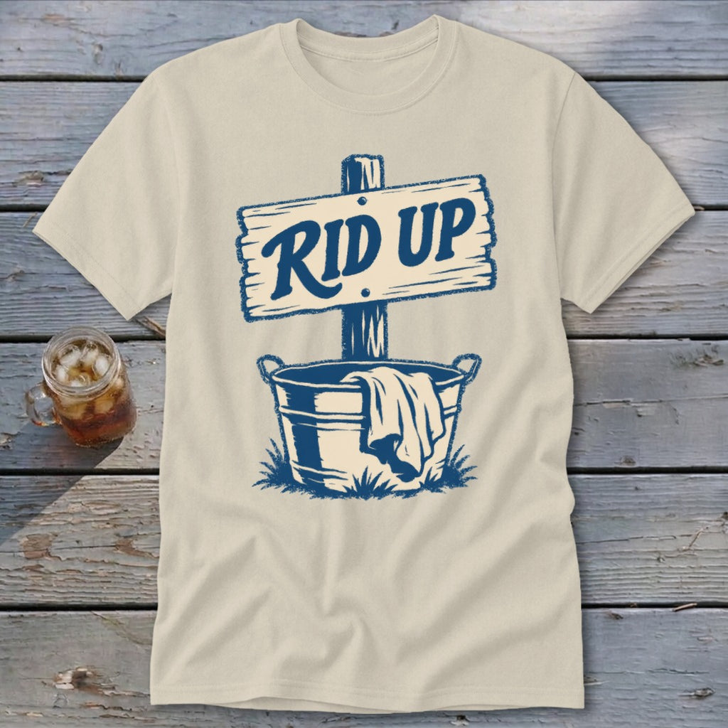 Cream t-shirt with blue graphic of a sign saying "RID UP" over a wash bucket.