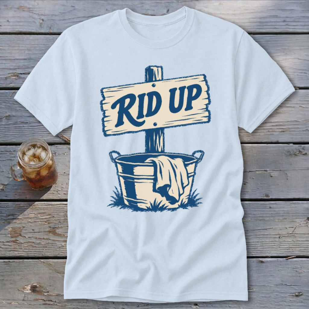 T-shirt with "RID UP" graphic of a wooden sign above a bucket of laundry.