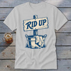 Light gray t-shirt with "RID UP" graphic and a bucket with clothes.