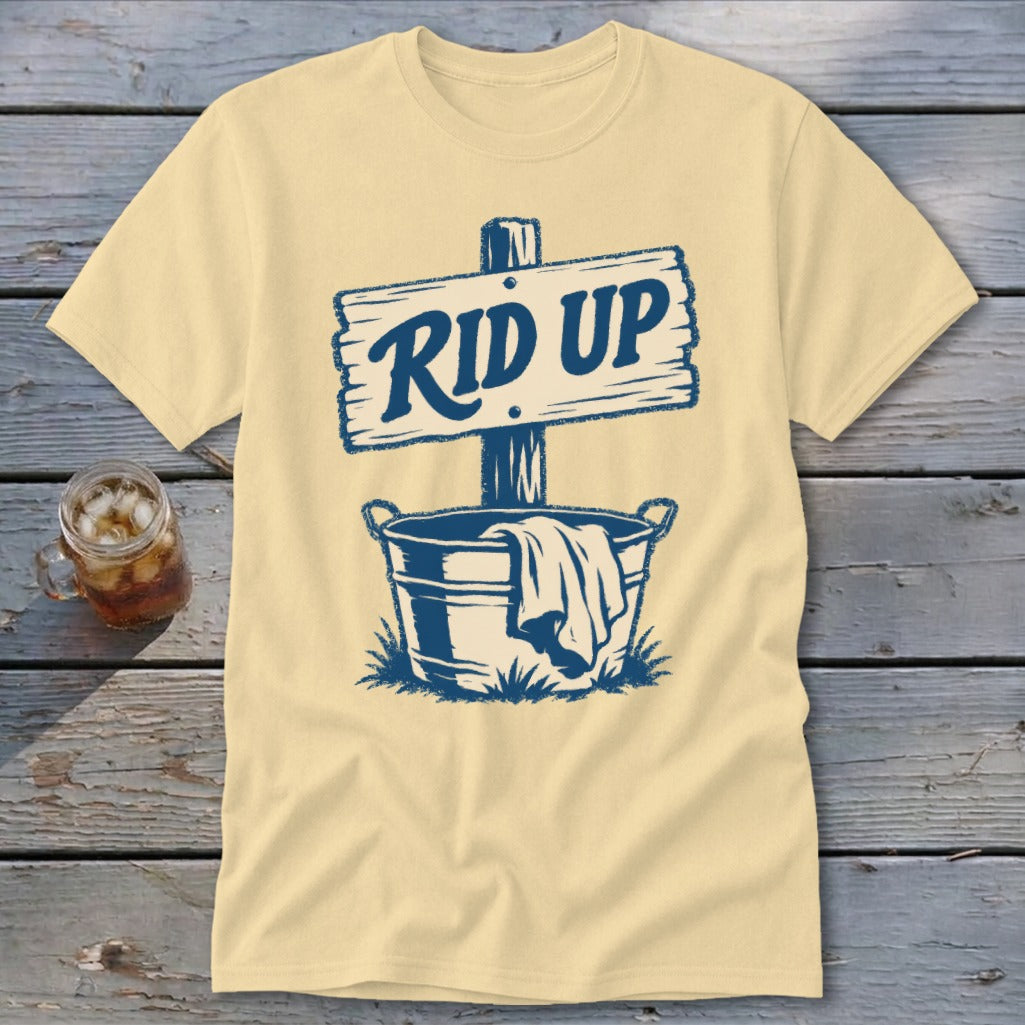 Cream t-shirt with blue graphic of "RID UP" sign above a bucket with laundry.