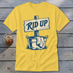 Yellow t-shirt with "RID UP" sign above a bucket of laundry.