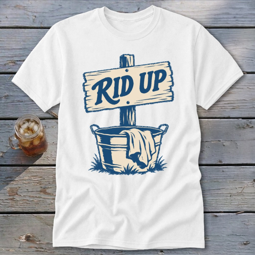 White t-shirt with a graphic of a wooden sign that says "RID UP" above a bucket.