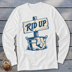 White long-sleeve shirt with "RID UP" sign over a bucket with laundry.