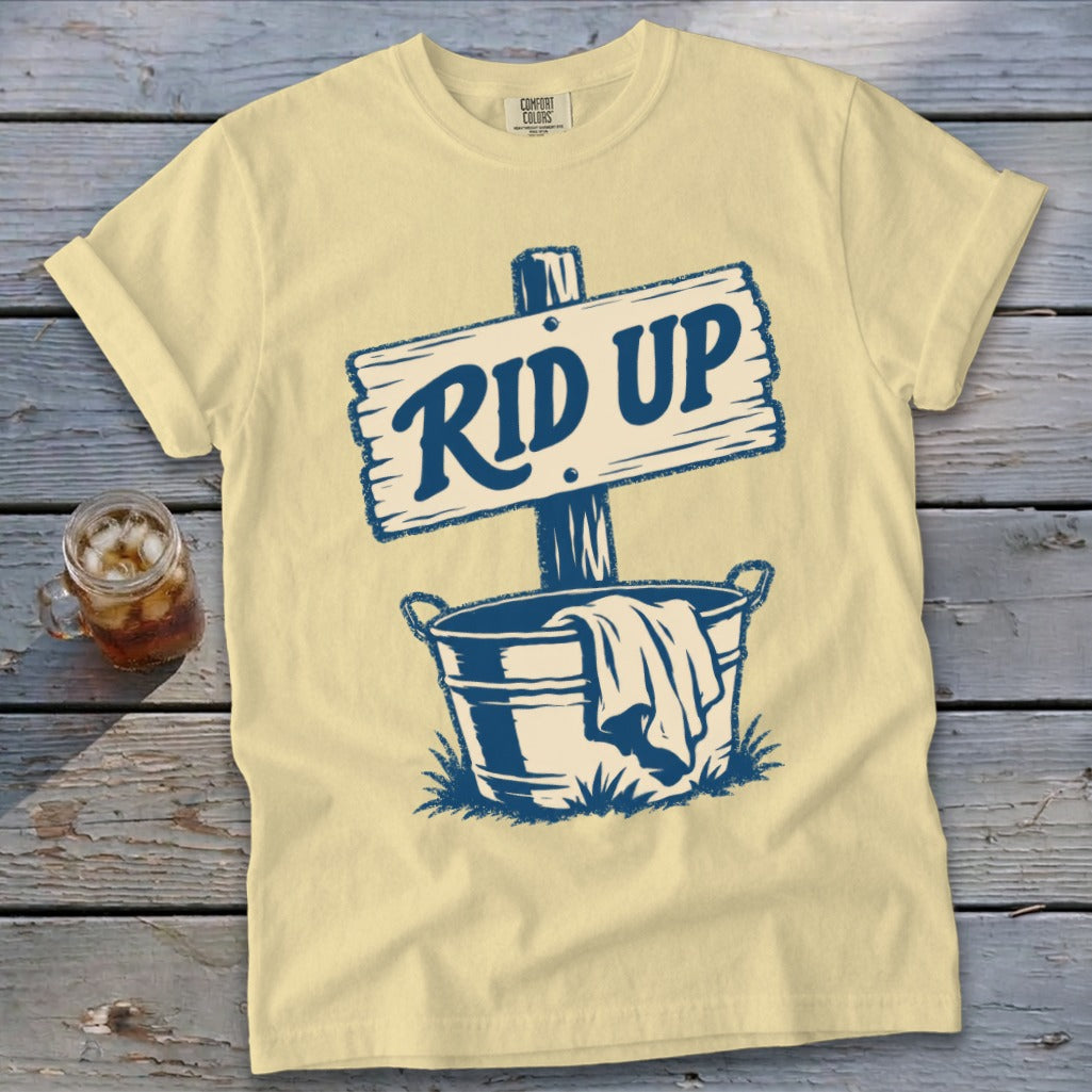Yellow t-shirt with blue "RID UP" sign and bucket graphic.