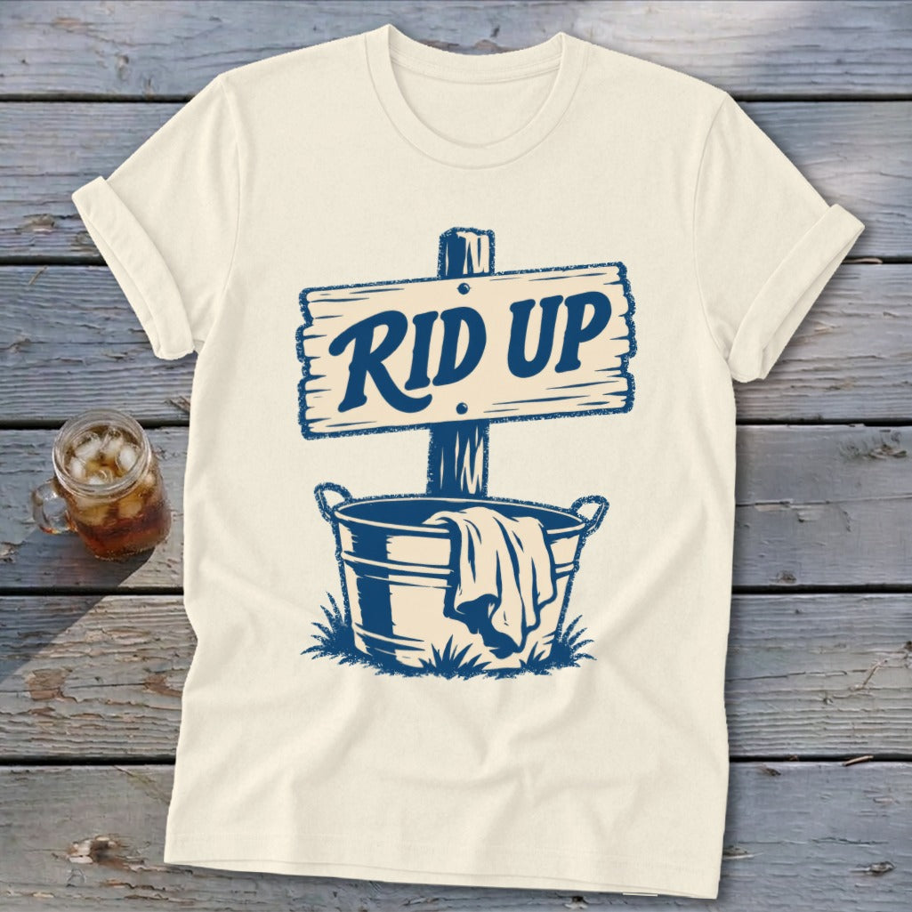 Cream t-shirt with "RID UP" sign over a bucket and grass graphic.
