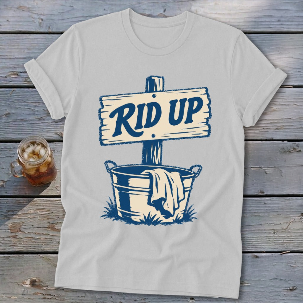 Light gray t-shirt with "RID UP" text over a bucket and wooden sign.