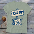 T-shirt with "RID UP" sign and bucket graphic.