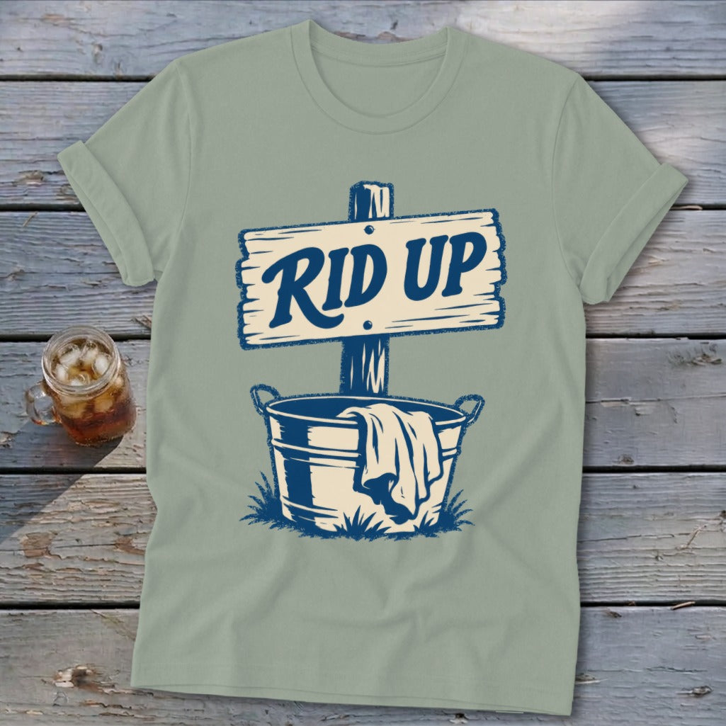 T-shirt with "RID UP" sign and bucket graphic.