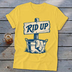 Yellow t-shirt with "RID UP" sign above a wash basin and laundry.