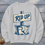 Crewneck sweatshirt with a blue and cream graphic of a sign saying "RID UP" above a bucket.