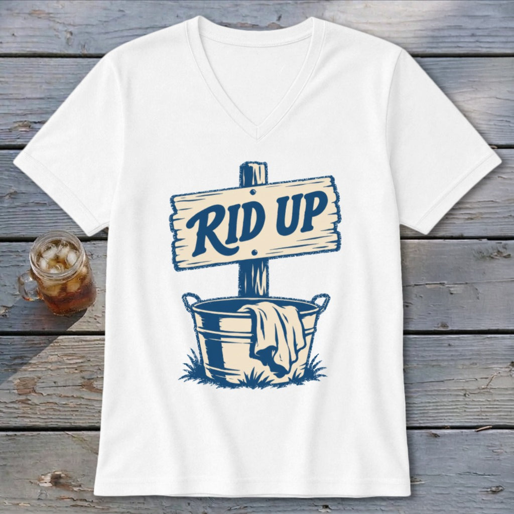 White t-shirt with blue graphic of a sign saying "RID UP" above a bucket.