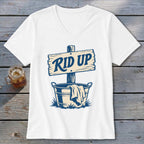 White t-shirt with blue graphic of a sign saying "RID UP" above a bucket.