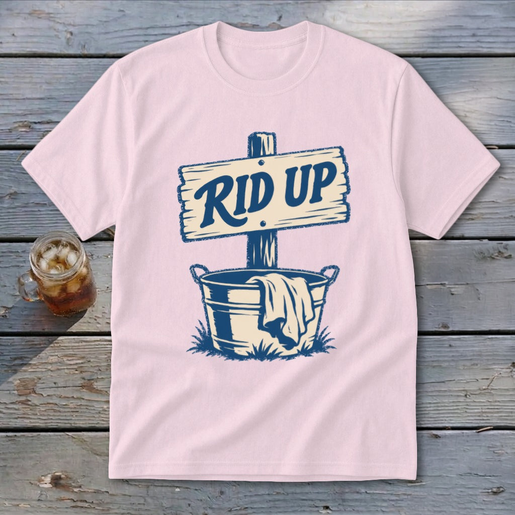 Pink t-shirt with "RID UP" sign above a bucket of laundry.