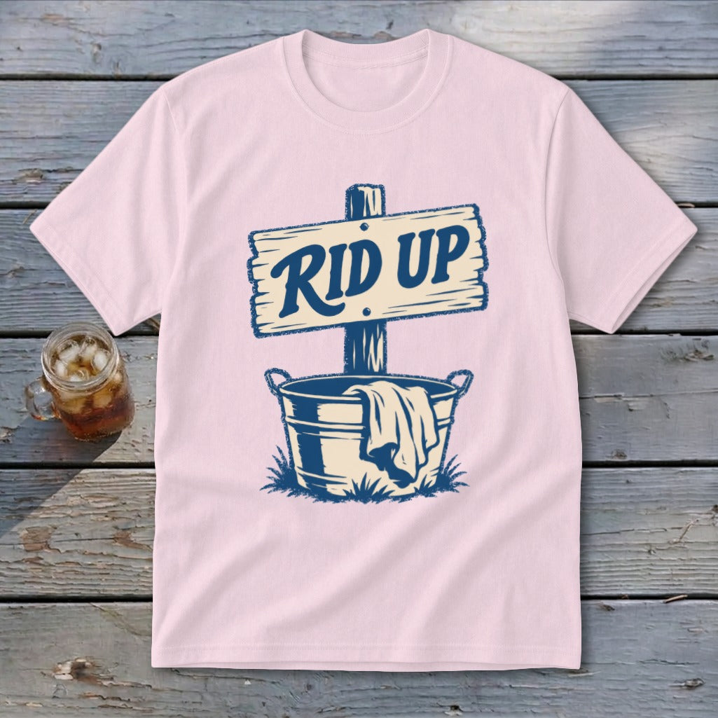 Pink t-shirt with "RID UP" sign above a bucket of laundry.