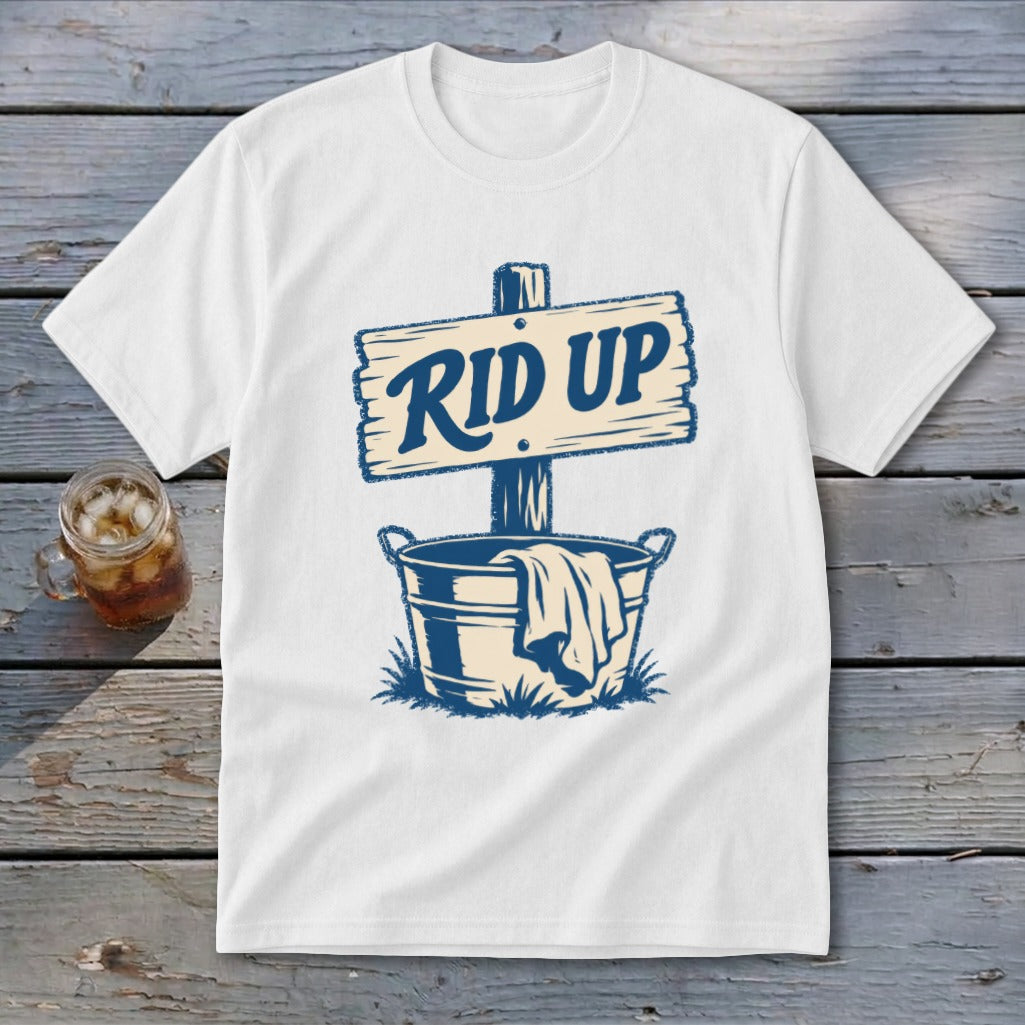 White t-shirt with "RID UP" text on a wooden sign above a bucket.