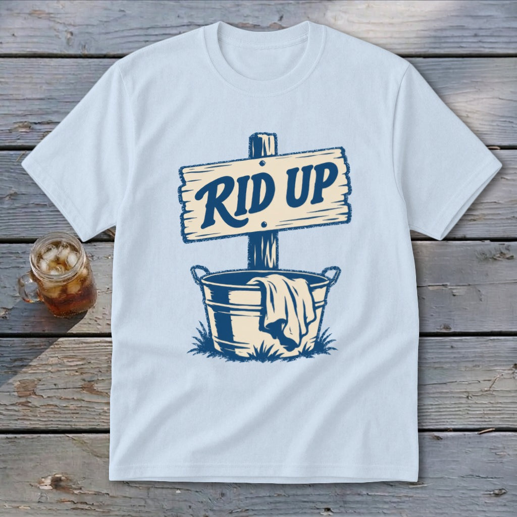 T-shirt with "RID UP" graphic on a sign above a bucket and cloth.