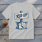 Light grey t-shirt with "RID UP" text on a sign above a bucket with cloth.