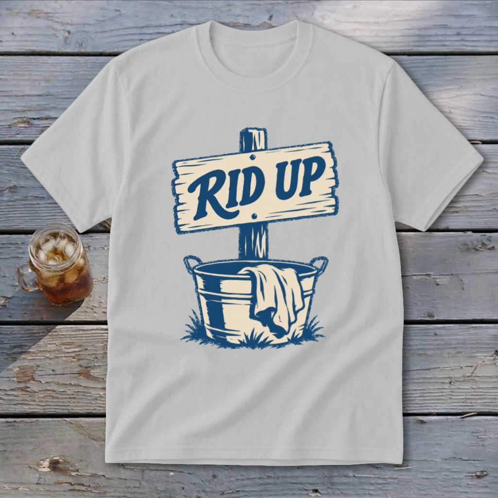 Light grey t-shirt with "RID UP" text on a sign above a bucket with cloth.