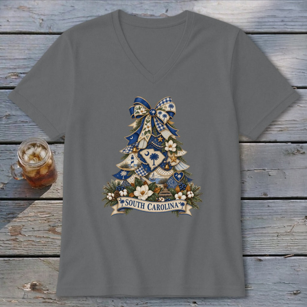 South Carolina Faux Patchwork Christmas Tree V-neck