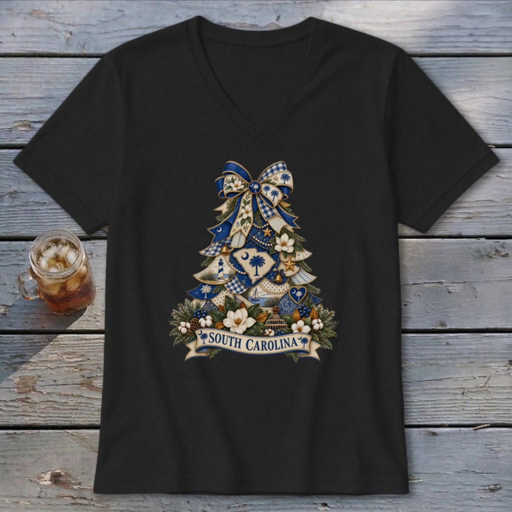 South Carolina Faux Patchwork Christmas Tree V-neck