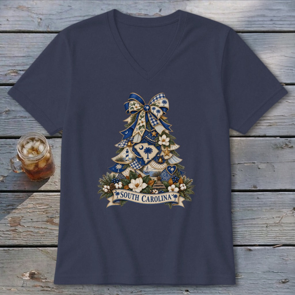 South Carolina Faux Patchwork Christmas Tree V-neck