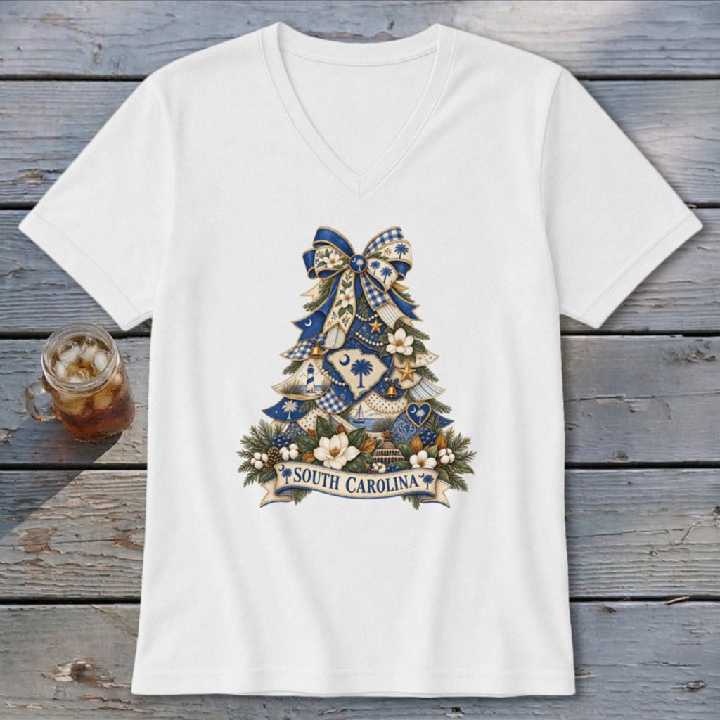 South Carolina Faux Patchwork Christmas Tree V-neck