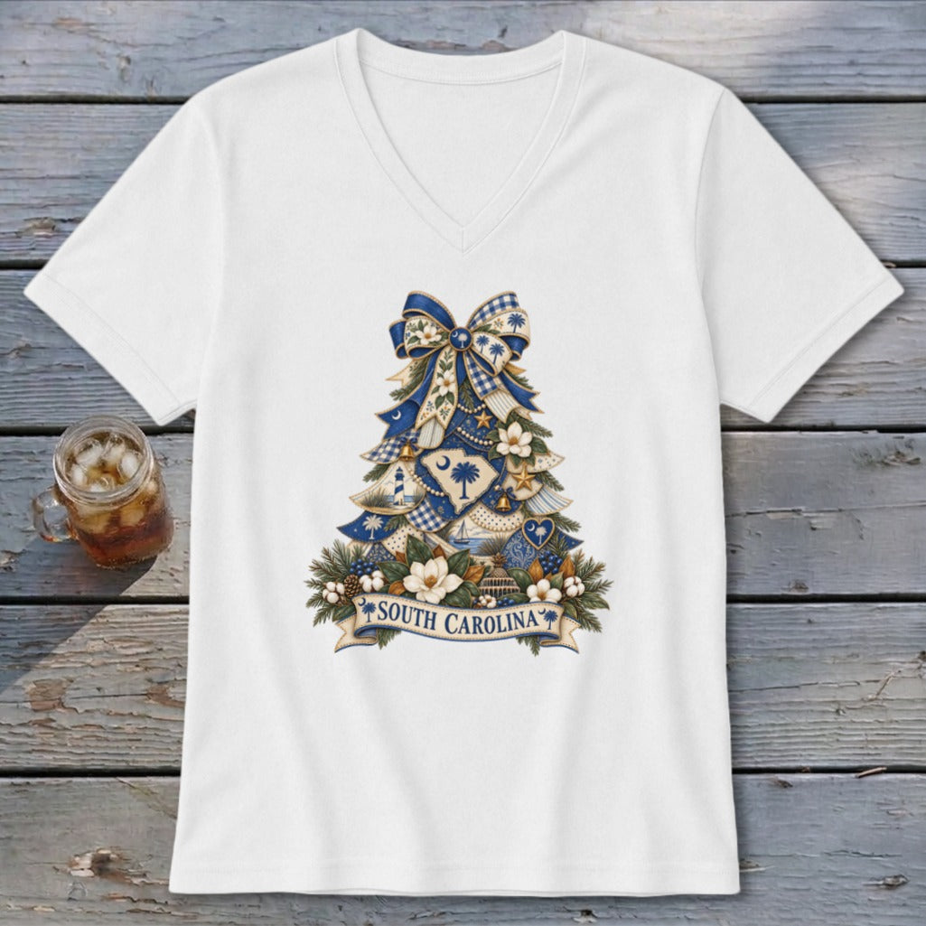 South Carolina Faux Patchwork Christmas Tree V-neck