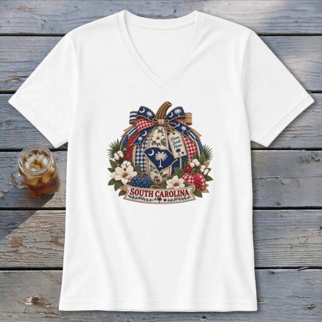 South Carolina Faux Patchwork Pumpkin V-neck