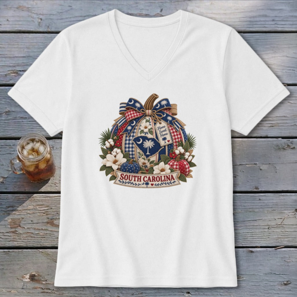 South Carolina Faux Patchwork Pumpkin V-neck