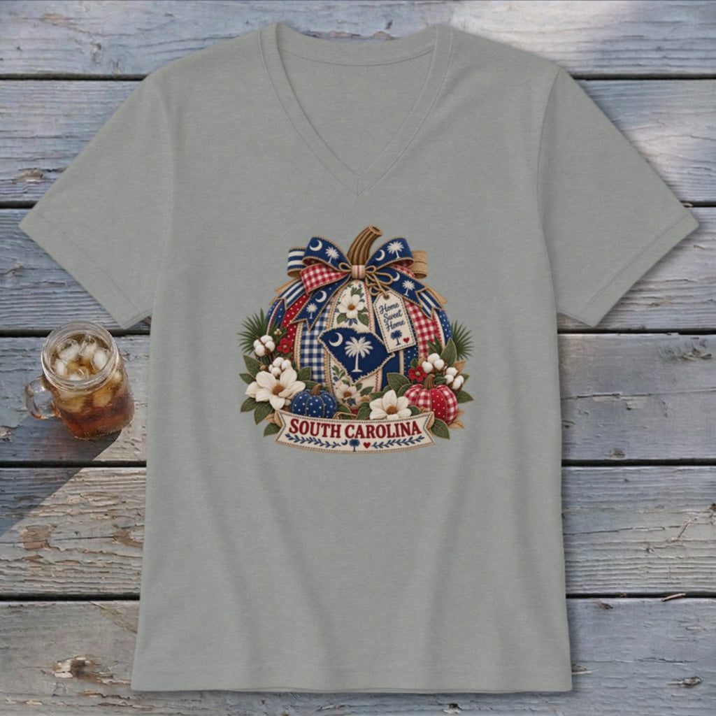 South Carolina Faux Patchwork Pumpkin V-neck
