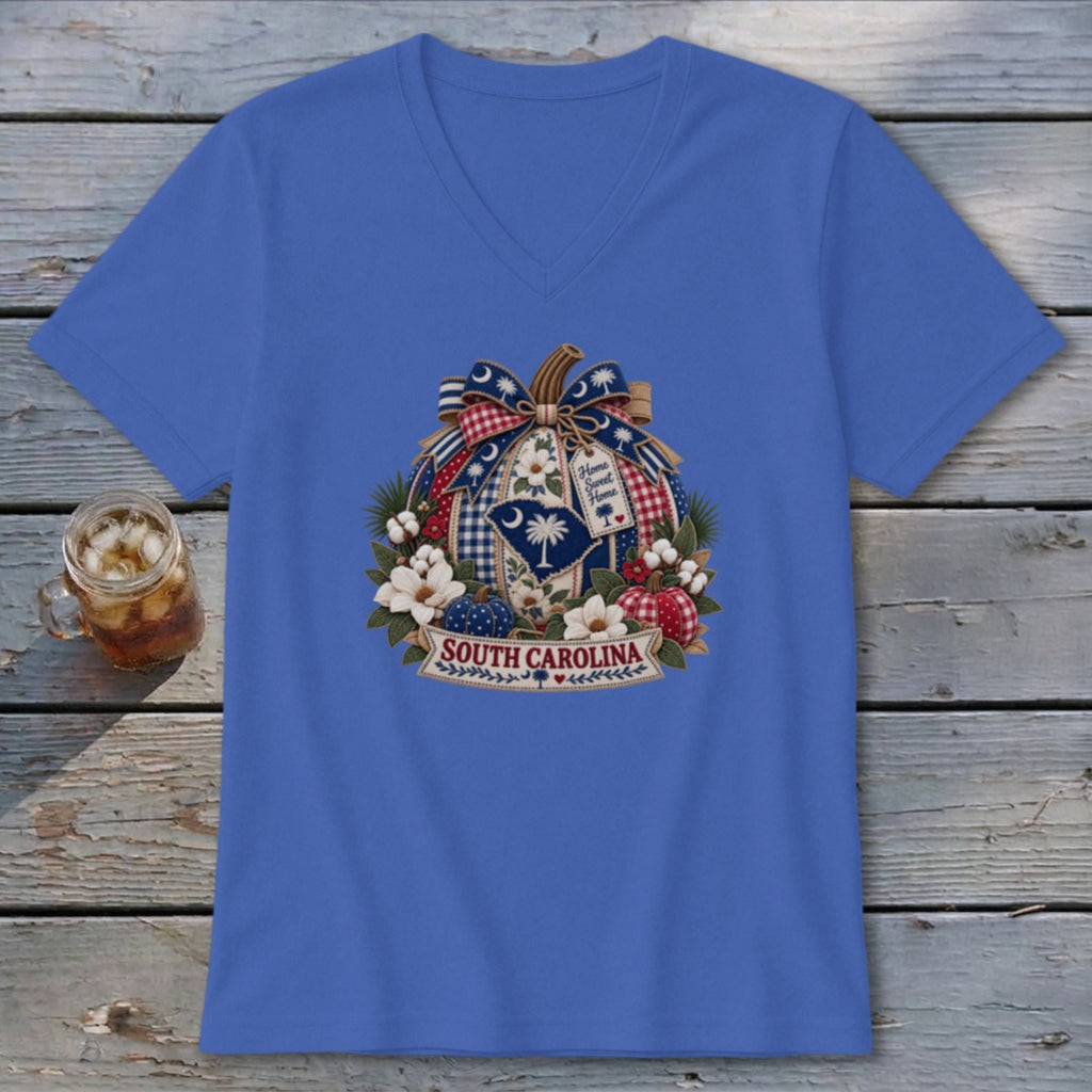 South Carolina Faux Patchwork Pumpkin V-neck