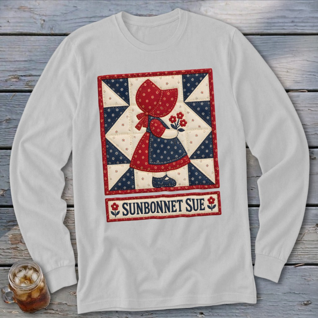Sunbonnet Sue Faux Quilt Block Long Sleeve Tee