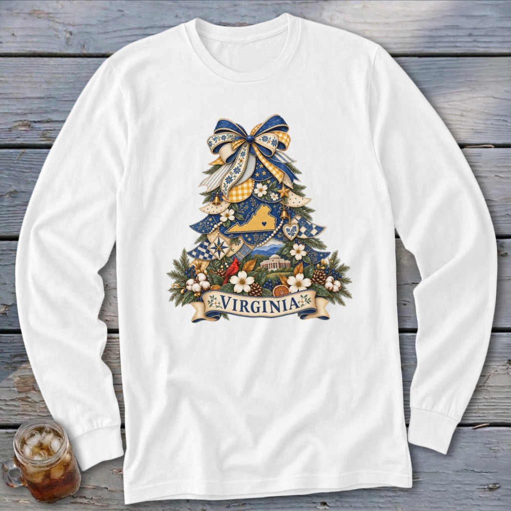 Virginia Faux Patchwork Christmas Tree Long Sleeve Tee