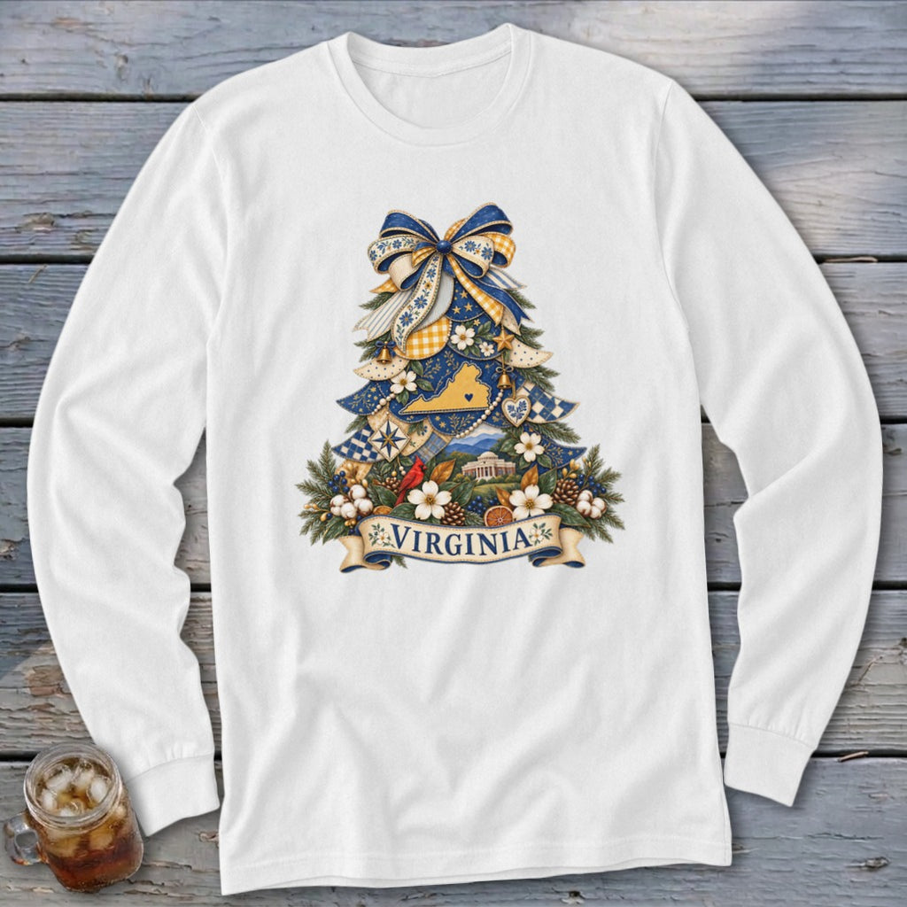 Virginia Faux Patchwork Christmas Tree Long Sleeve Tee