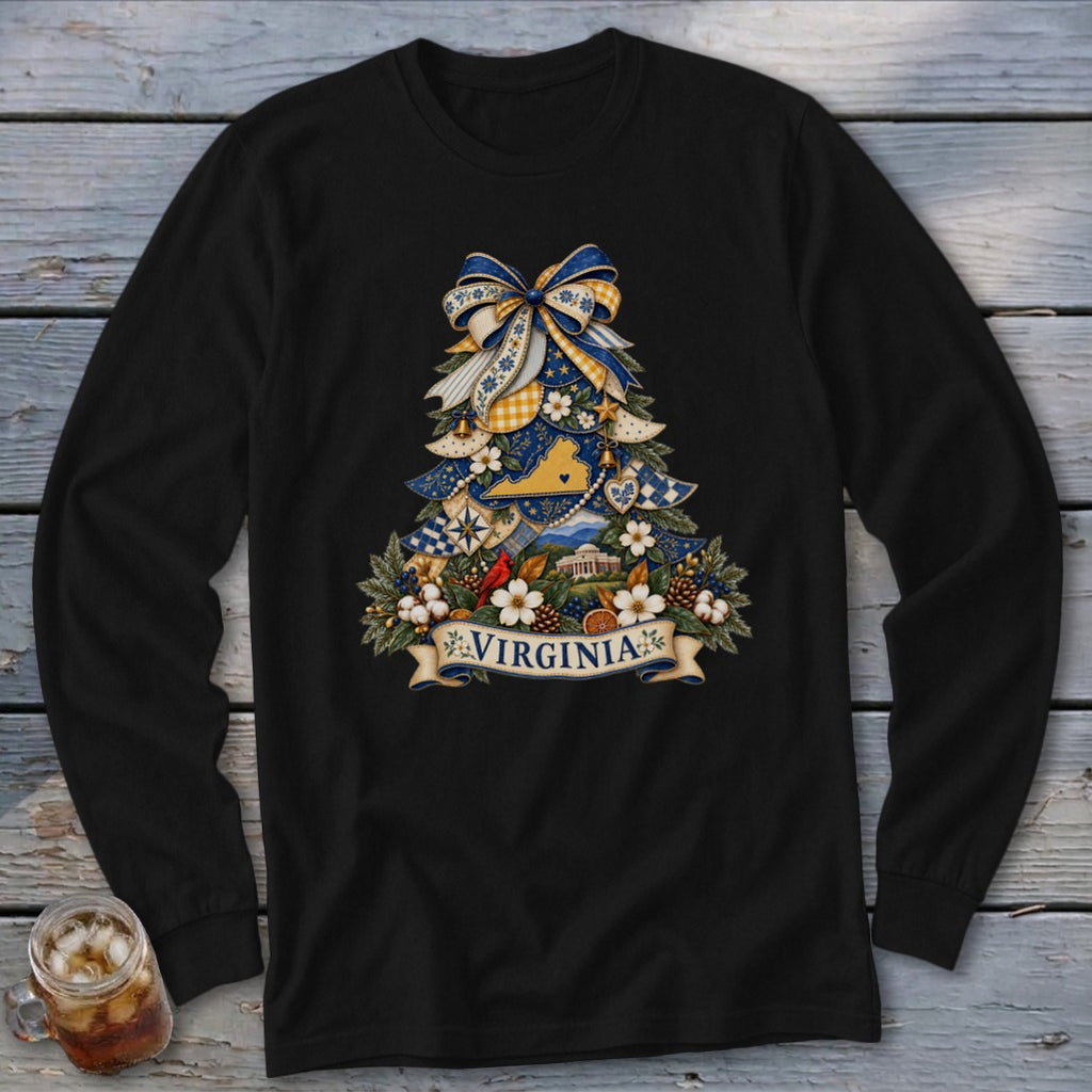 Virginia Faux Patchwork Christmas Tree Long Sleeve Tee