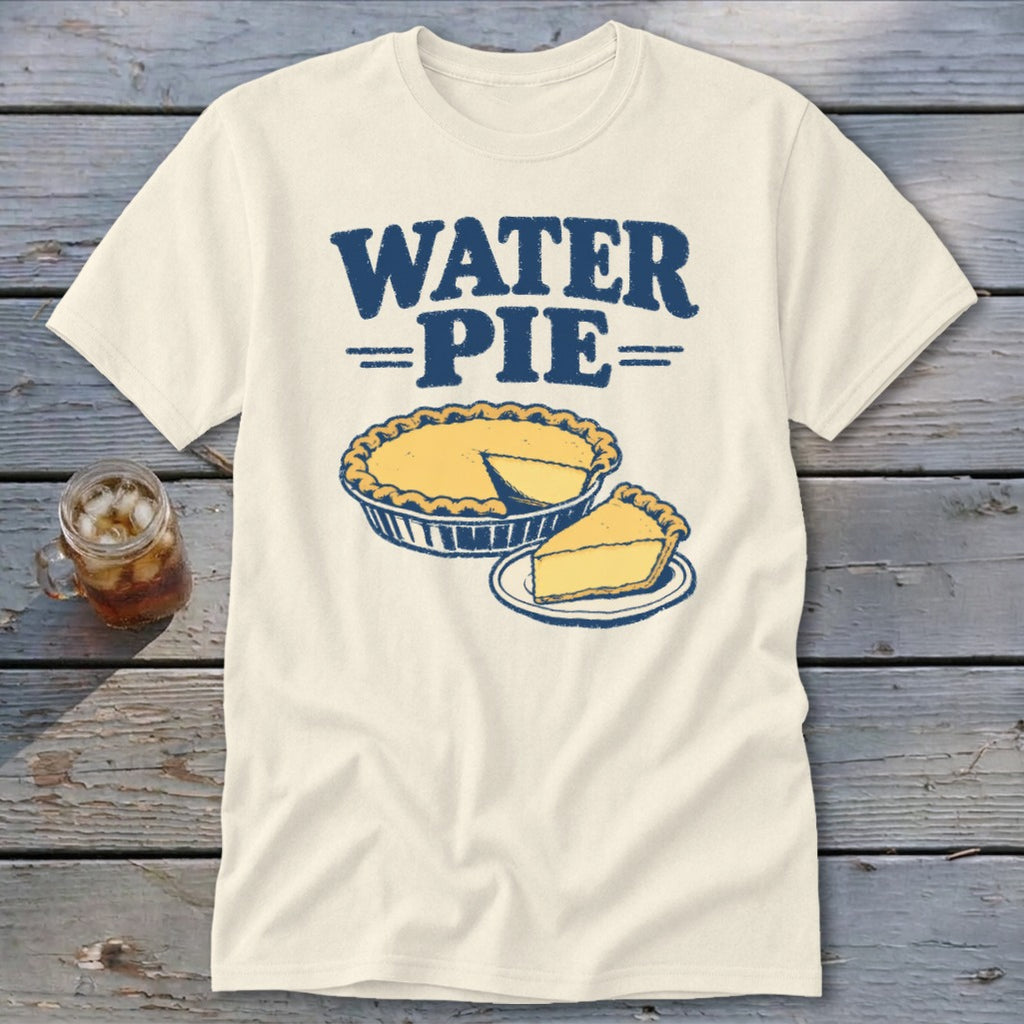 Cream t-shirt with "WATER PIE" text and illustration of a pie and slice.