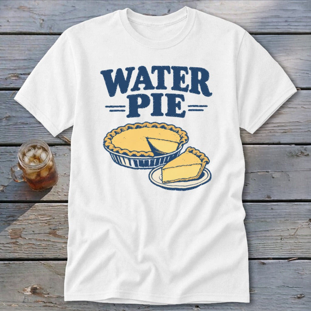 A white t-shirt featuring blue text that reads WATER PIE above a yellow pie graphic.