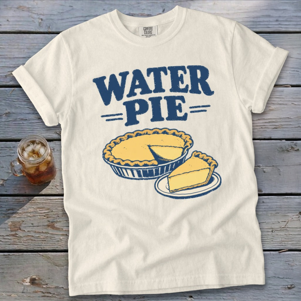 Cream t-shirt with "WATER =PIE=" graphic and pie illustration.