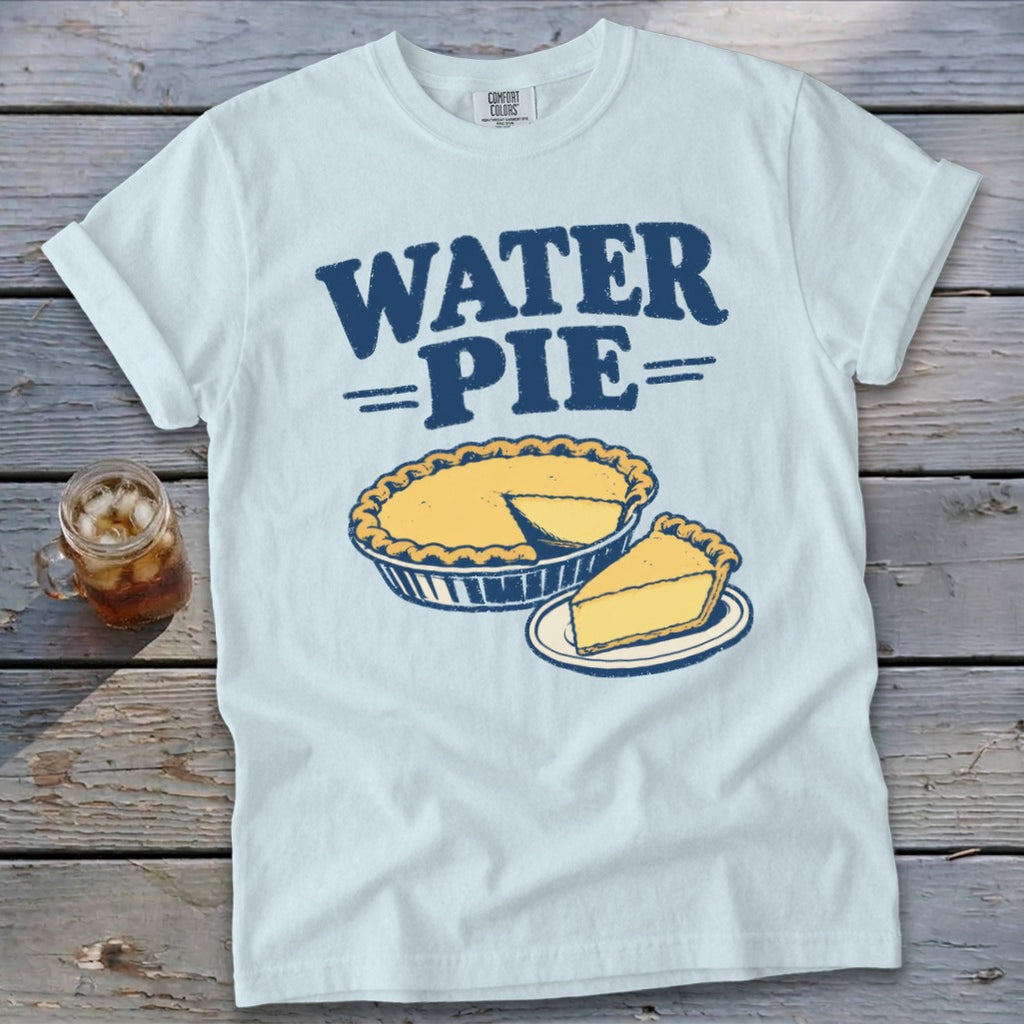 White t-shirt with navy blue "WATER PIE" text and pie graphic.