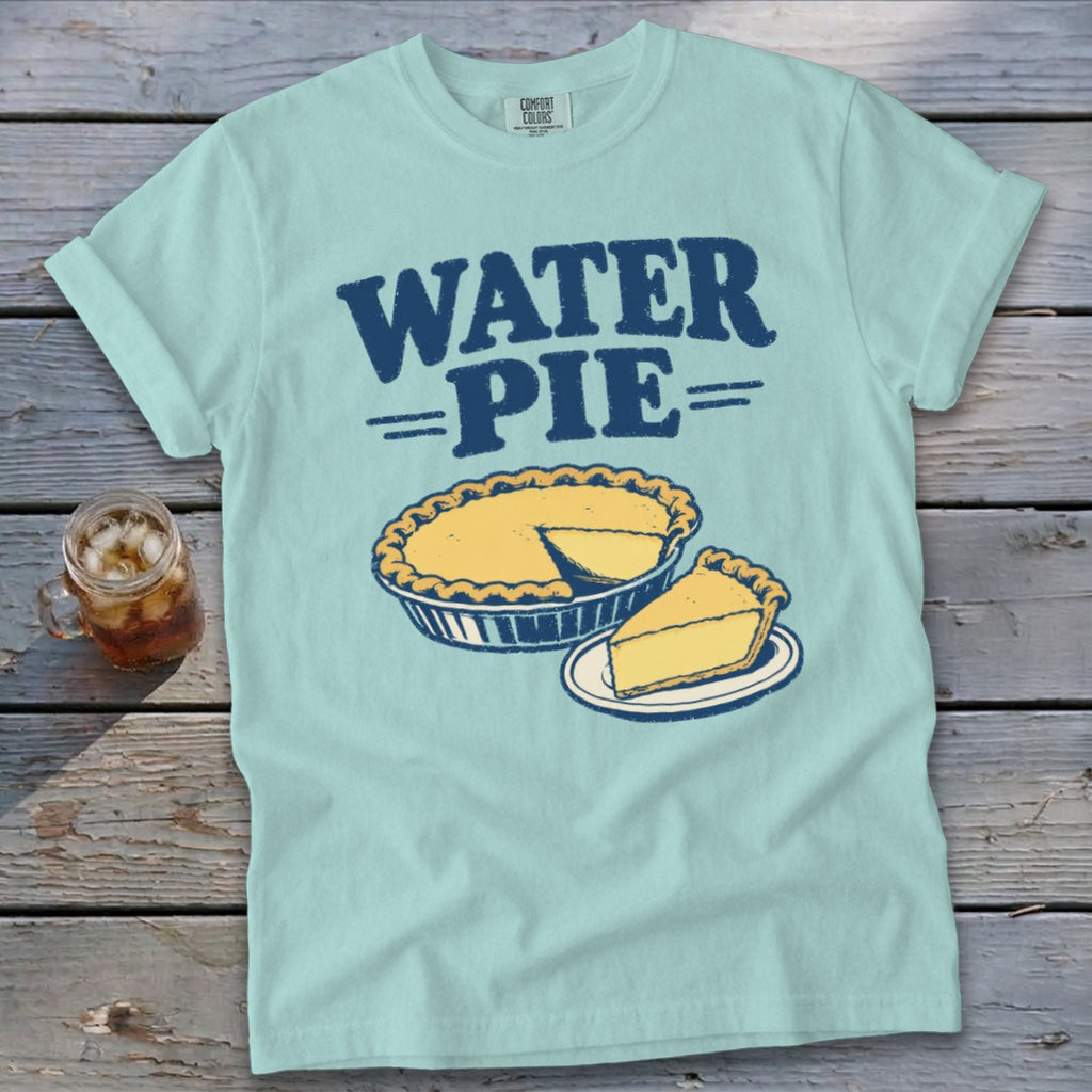 Light blue t-shirt with navy blue text and pie graphic.