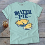 Light blue t-shirt with navy blue text and pie graphic.