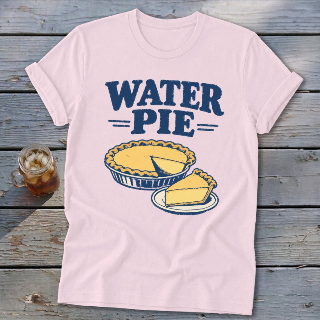 Pink t-shirt with "WATER =PIE=" text and a pie illustration.