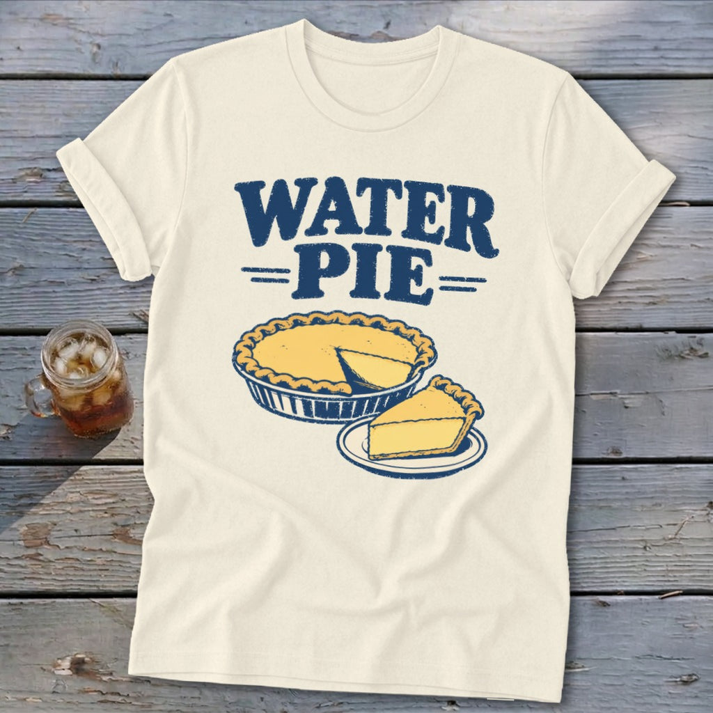 Cream t-shirt with "WATER PIE" text and an illustration of a pie.