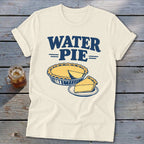 Cream t-shirt with "WATER PIE" text and an illustration of a pie.
