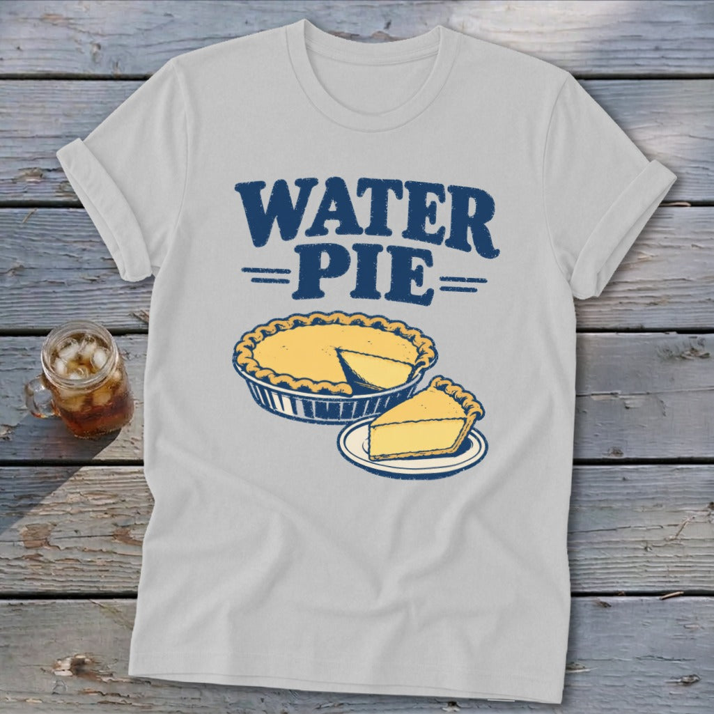Light grey t-shirt with navy blue text "WATER PIE" and pie graphic.