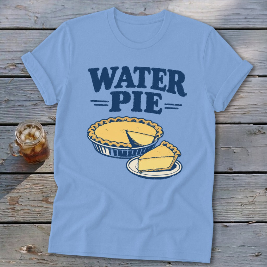 Light blue t-shirt with "WATER PIE" text and pie illustration.