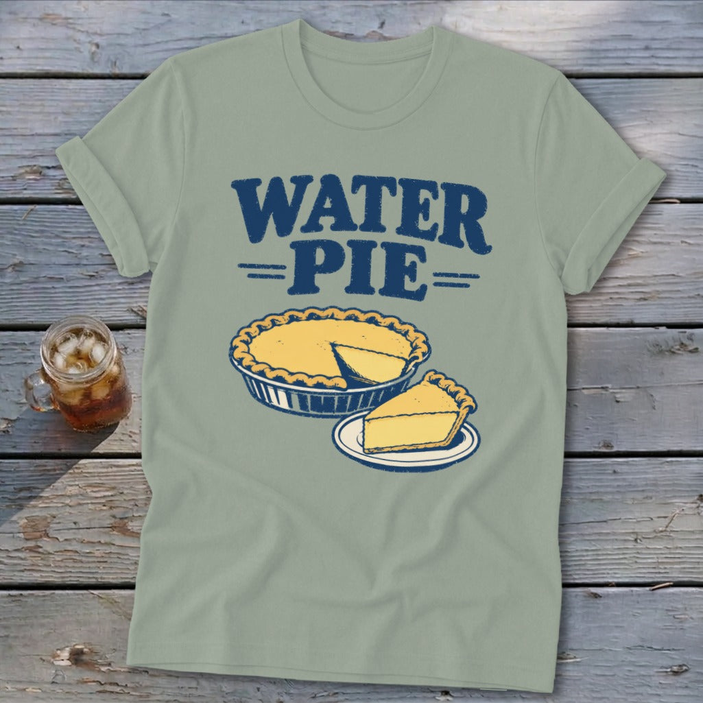 Light green t-shirt with "WATER PIE" text and a drawing of a pie and a slice.