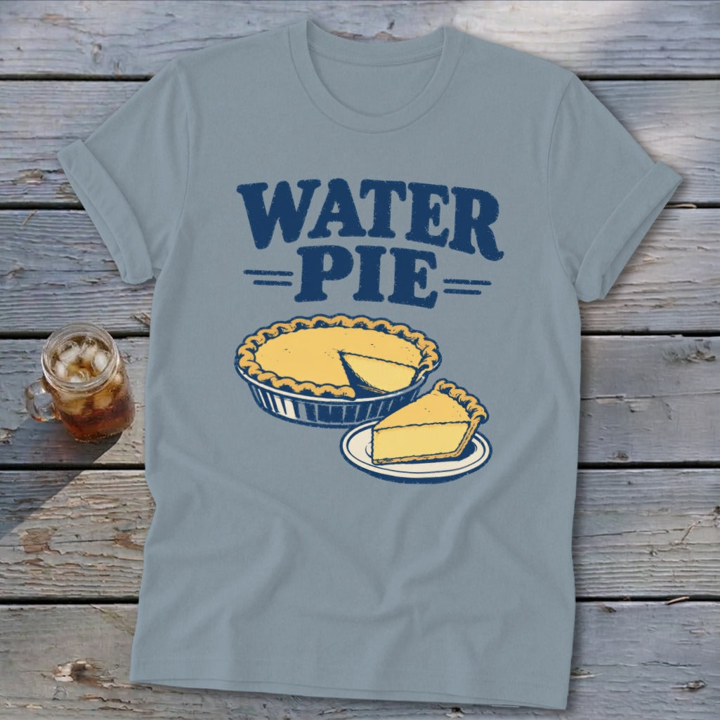 Light blue t-shirt with "WATER PIE" text and a cartoon pie with a slice.