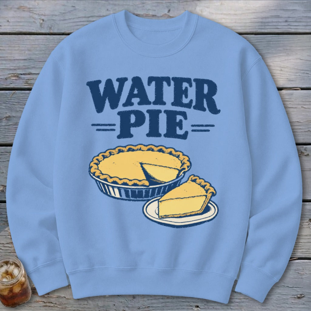 Light blue sweatshirt with "WATER PIE" text and a pie with one slice missing.